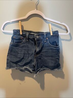 Classic Dark Blue Denim Jean Shorts with Frayed Hem - Women